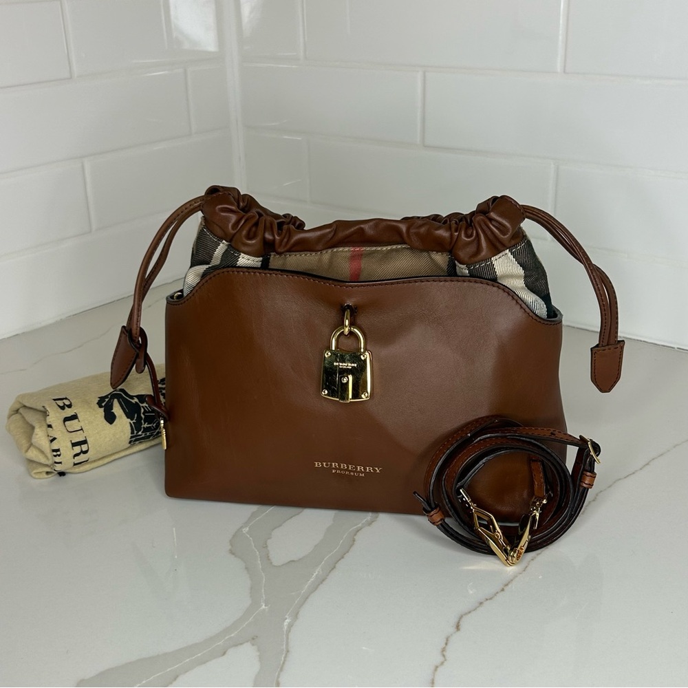 Burberry Brown Leather Drawstring Crossbody with Check Trim